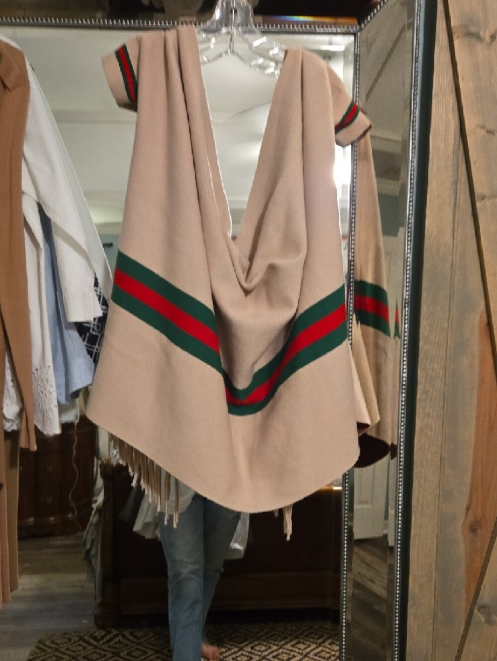 Beige Fringe Cape Poncho with Green & Red Stripes - Picture 6 of 7